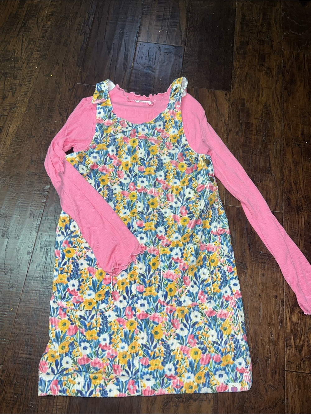 cheeky plum Pink Top with Yellow & Blue Floral Corduroy Pinafore